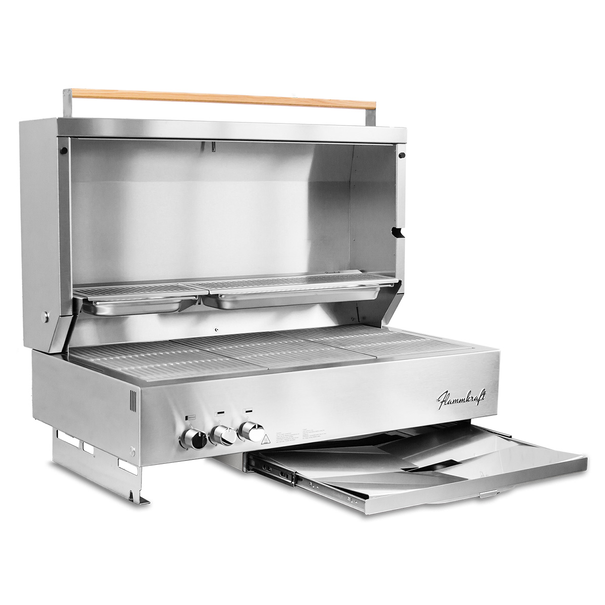 Flammkraft Block D Gen 5 Einbaugrill, Vorderansicht, geöffneter Deckel, herausgezogenes Fettauffangblech