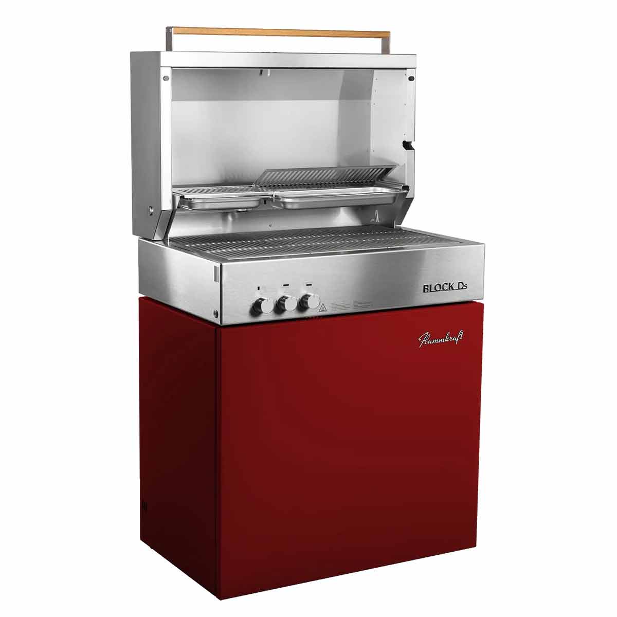 Flammkraft Block Ds Tiefumbra, mit geöffneter Grillhaube