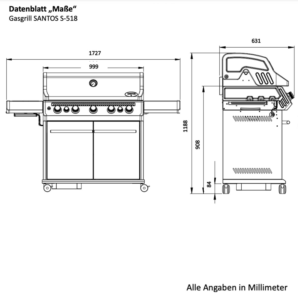 SANTOS S-418 mit Seiten- & Heckbrenner, Schwarz inkl. Drehspieß, Rostheber & Silikonablage