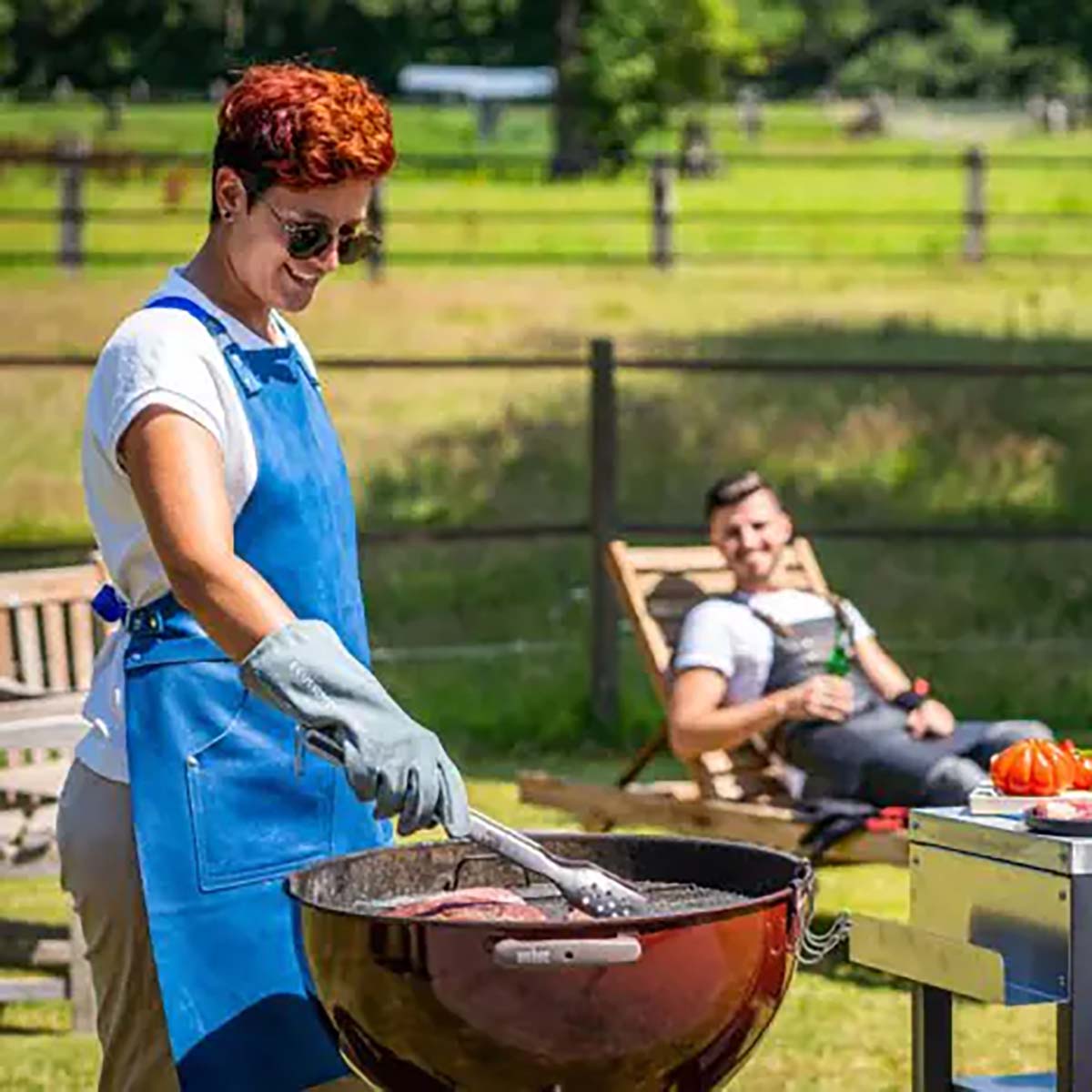 Feuermeisterin Premium BBQ Grillhandschuhe | Leder | Grau-Blau | 1 Paar | Einheitsgröße