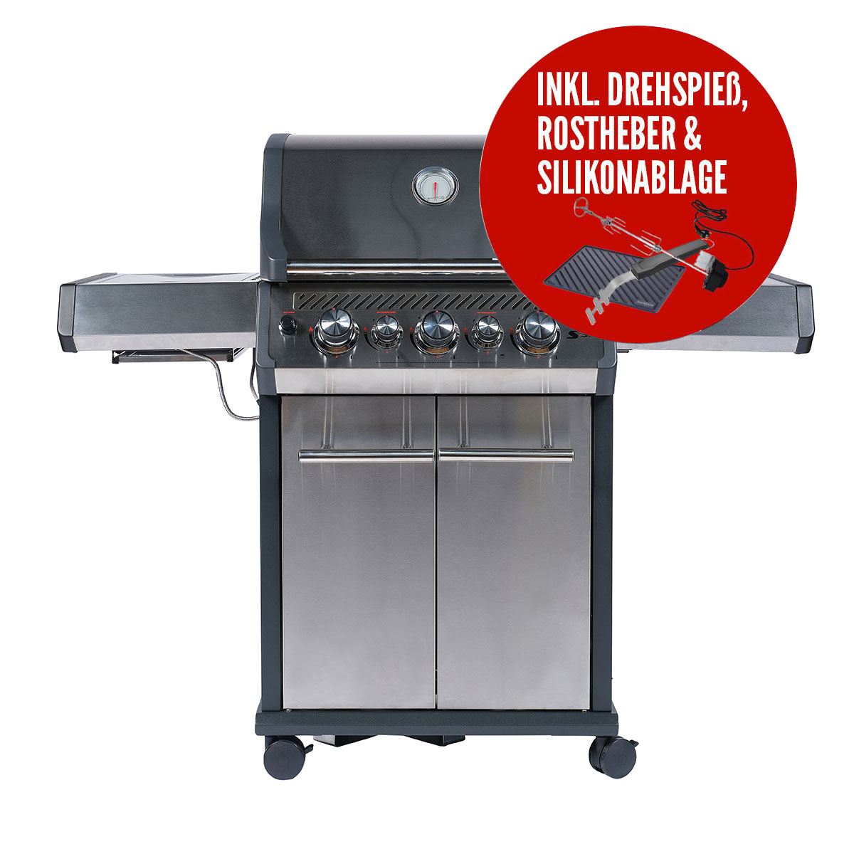 SANTOS Gasgrill S-318 | Seiten- & Heckbrenner | Edelstahl inkl. Drehspieß | Rostheber & Silikonablage SANTOS Gasgrill S-318 | Seiten- & Heckbrenner | Edelstahl inkl. Drehspieß | Rostheber & Silikonablage