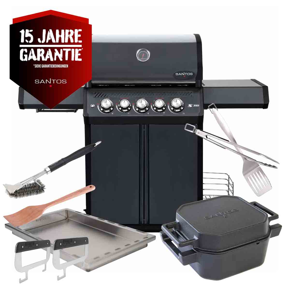 SANTOS S-318 Pro | Seiten- & Heckbrenner | All Black Matt | Ready2Grill Bundle
