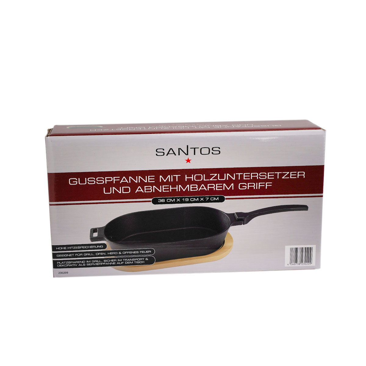 SANTOS Gusseiserne Grillpfanne | oval mit abnehmbarem Griff | 36 x 19 cm