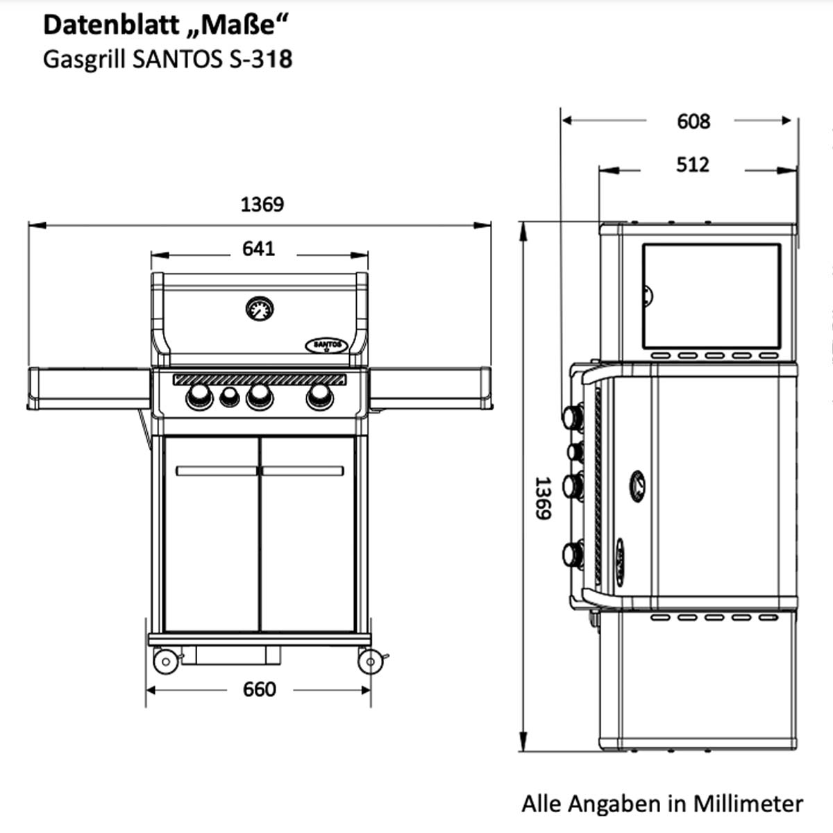 SANTOS Gasgrill S-318 | Seiten- & Heckbrenner, Edelstahl inkl. Drehspieß, Rostheber & Silikonablage