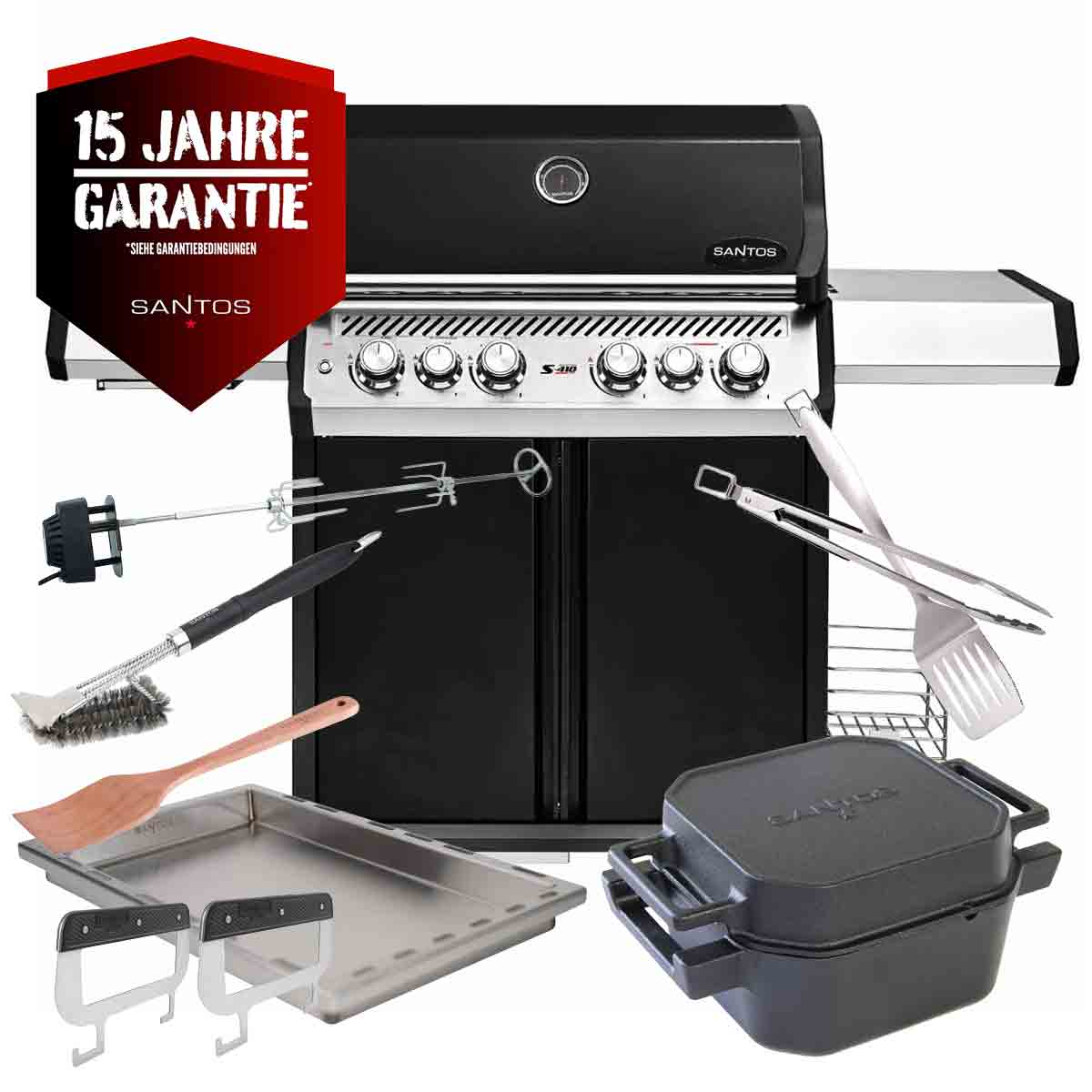 SANTOS S-418 Pro Schwarz | Seiten- & Heckbrenner | Ready2Grill Bundle
