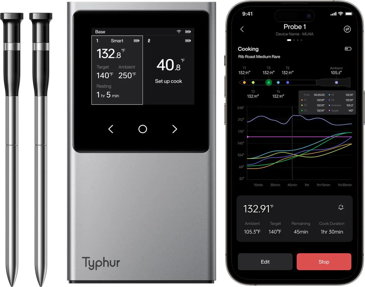 Typhur Bluetooth/WiFi Wireless Thermometerwith 2 Probes