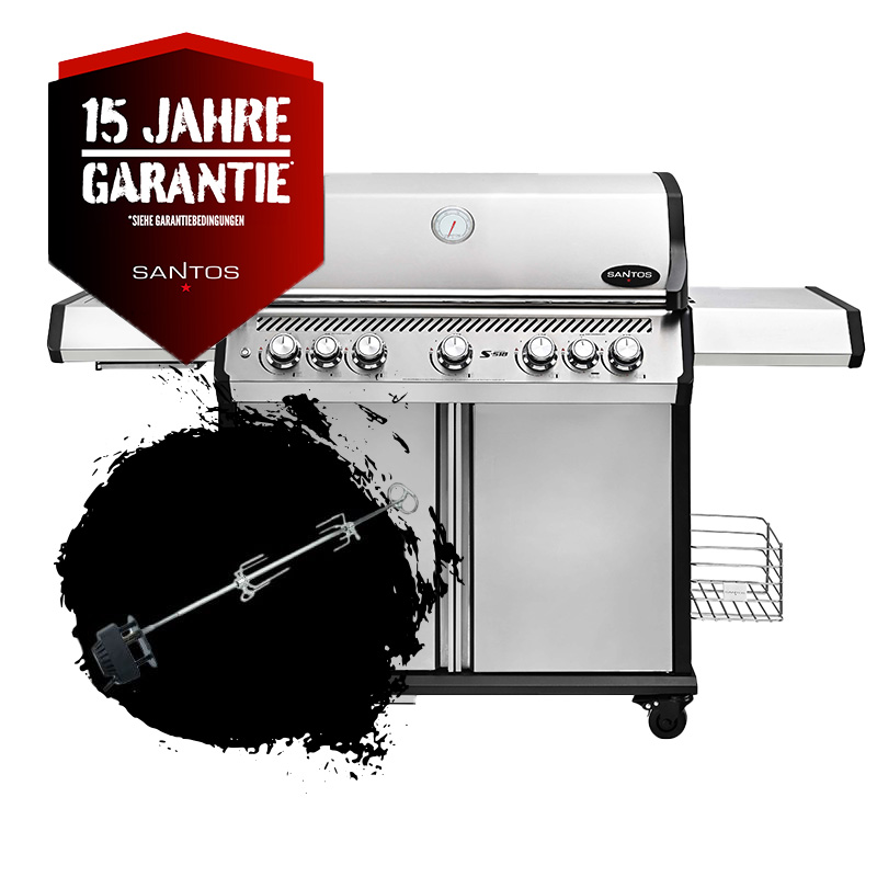 SANTOS S-518 Pro Edelstahl | Seiten- & Heckbrenner | inkl. Drehspieß 15 Jahre Garantie in Rot