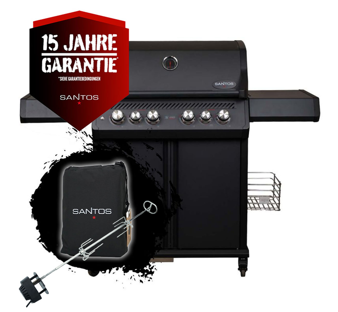 SANTOS S-418 Pro All Black Matt | Seiten- & Heckbrenner | inkl. Drehspieß & Abdeckhaube SANTOS S-418 Pro All Black Matt | Seiten- & Heckbrenner | inkl. Drehspieß & Abdeckhaube