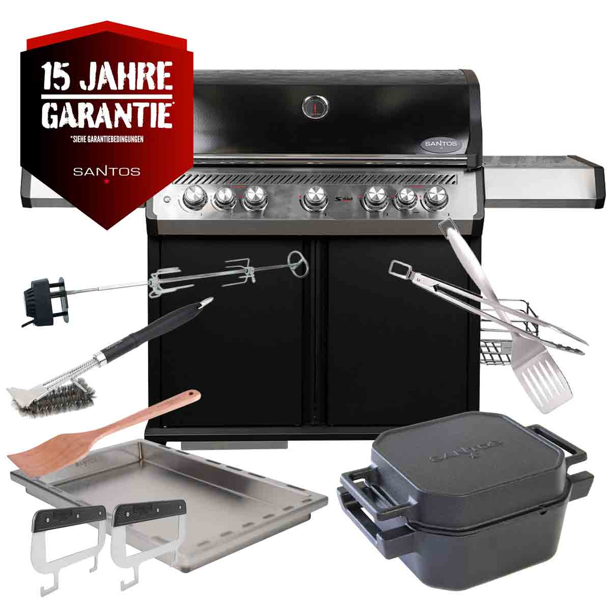 SANTOS S-518 Pro Schwarz | Seiten- & Heckbrenner | Ready2Grill Bundle