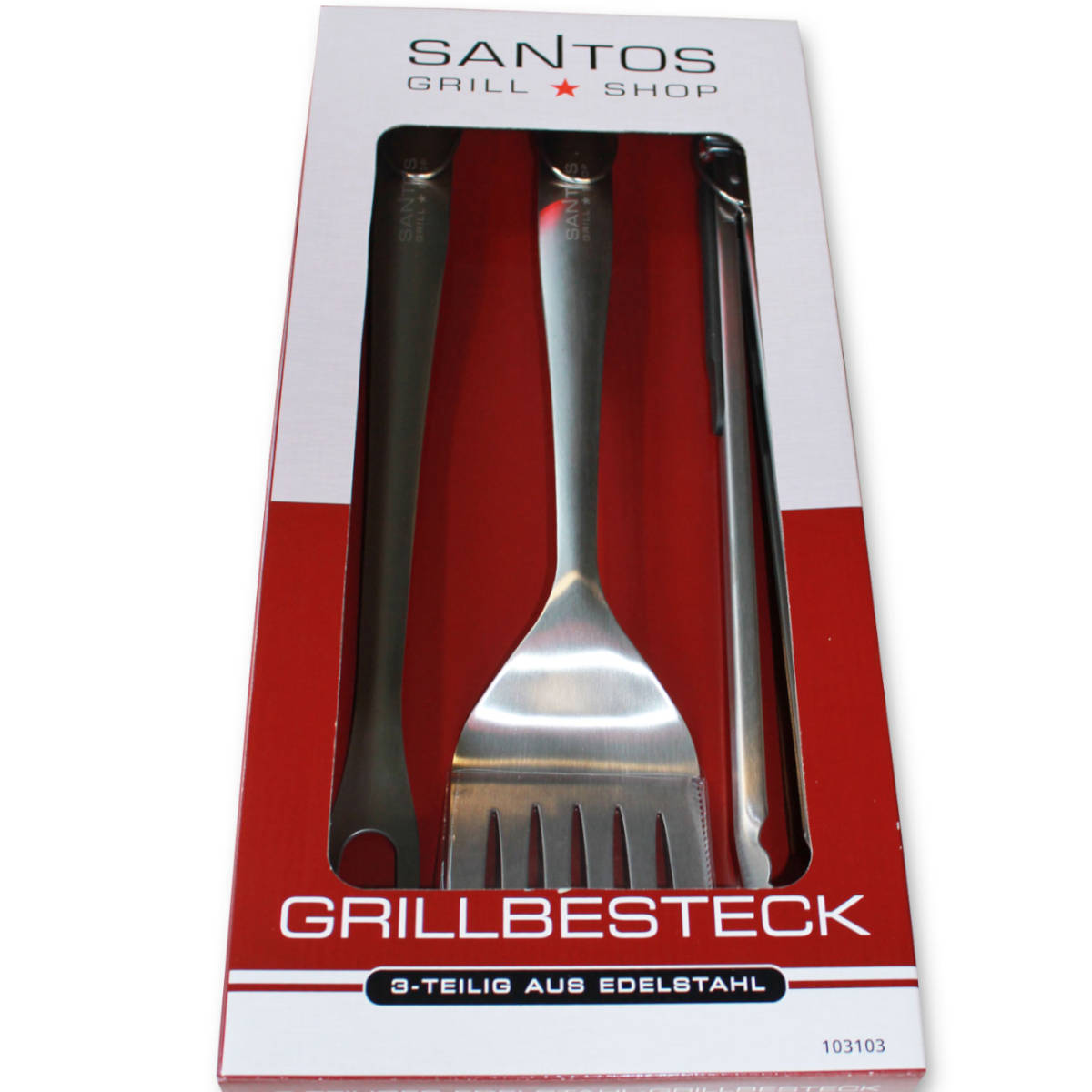 SANTOS 3-teiliges Set Grillbesteck, Wender, Fleischgabel, Grillzange, Edelstahl