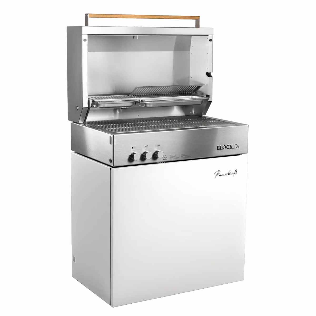 Flammkraft Block Ds Tiefumbra, mit geöffneter Grillhaube
