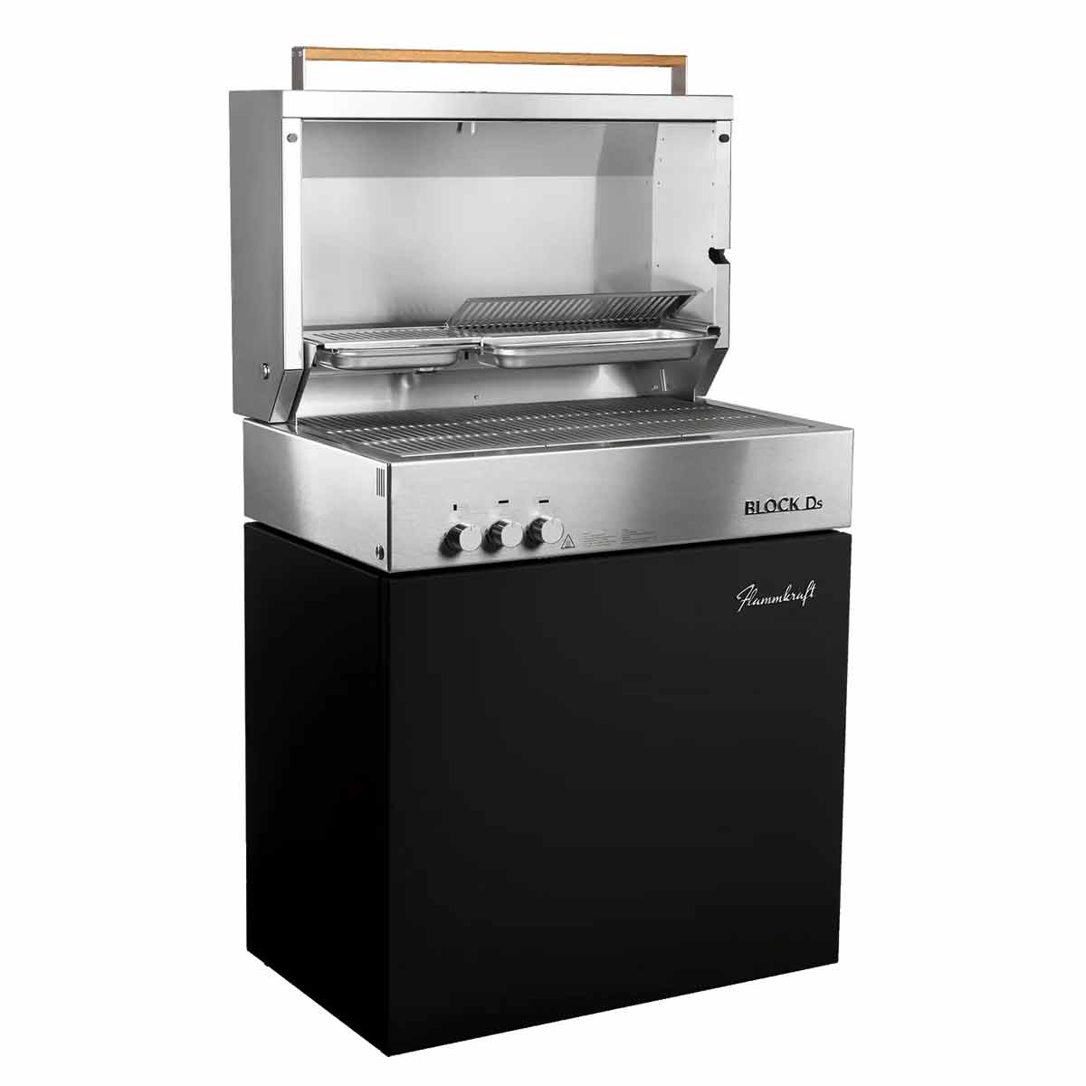 Flammkraft Block Ds Tiefumbra, mit geöffneter Grillhaube