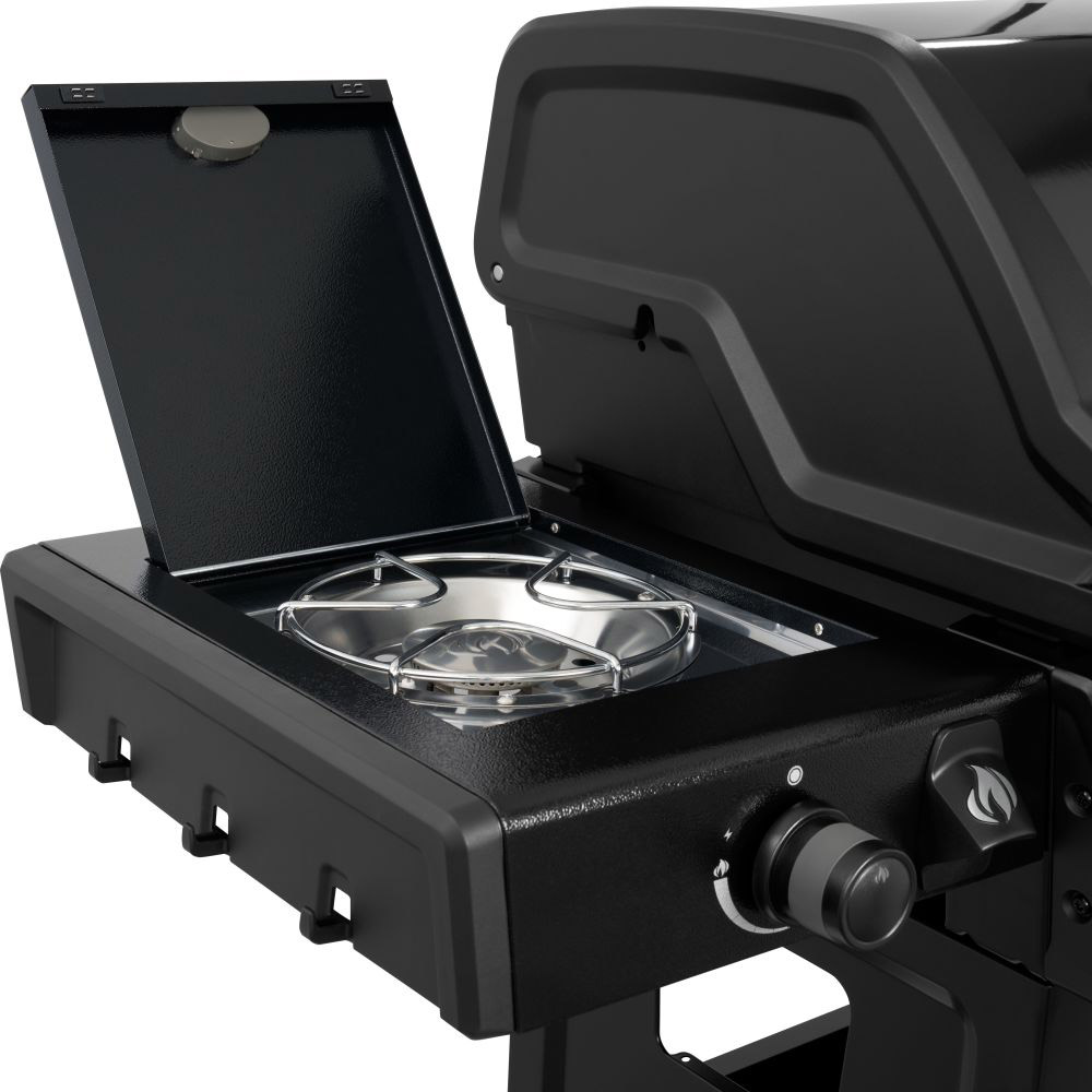 Napoleon Freestyle 365 mit Seitenbrenner in Schwarz, Seitenkochfeld geöffnet