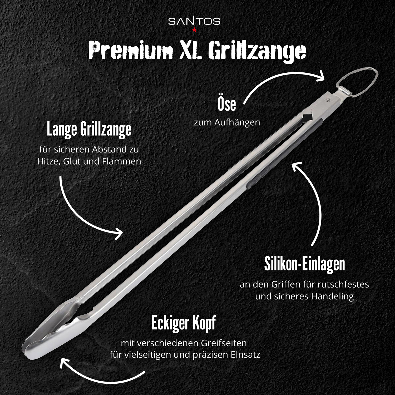 SANTOS Premium XL Grillzange mit eckigem Kopf | 53 cm | Retoure
