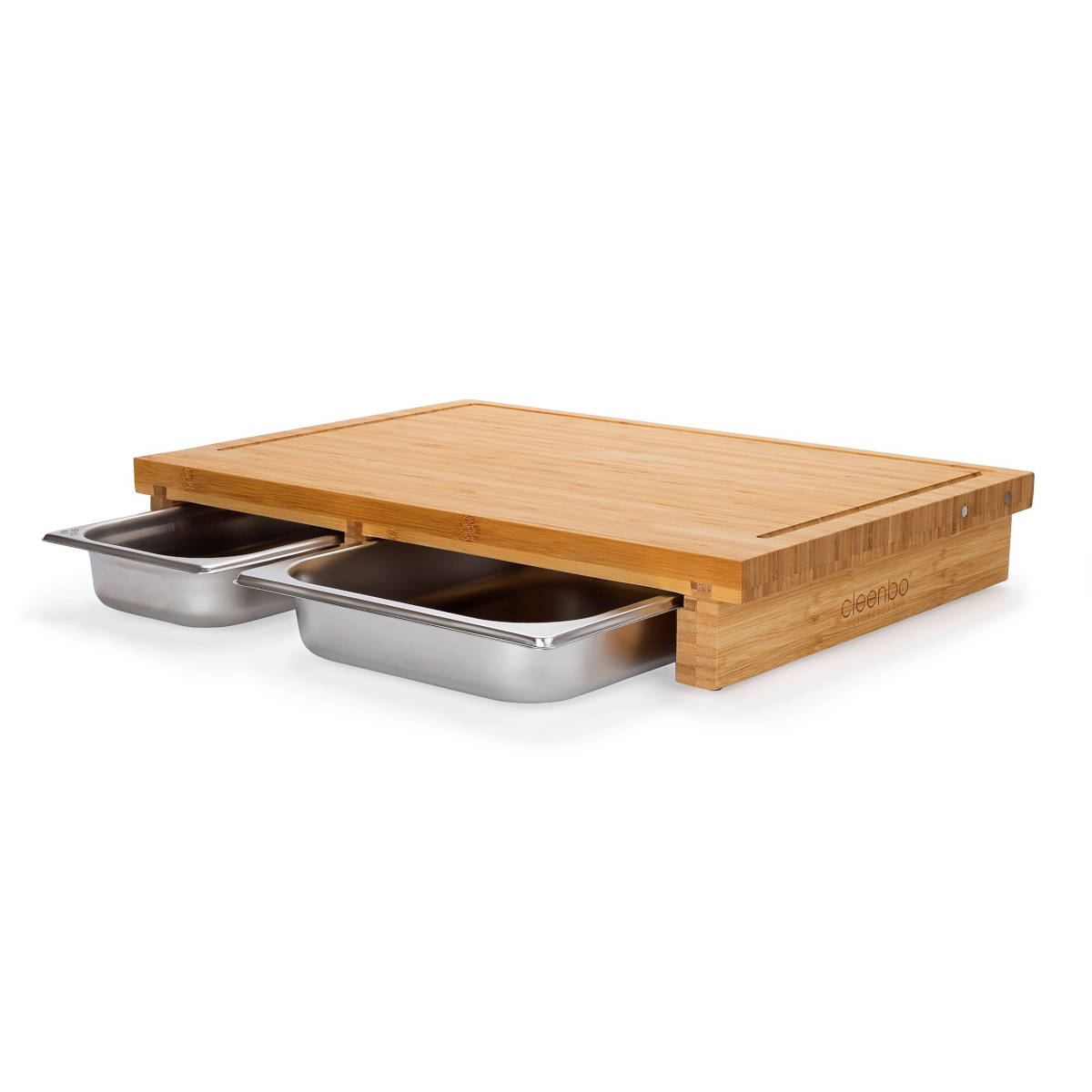 cleenbo duo classic Schneidebrett BBQ Bambus mit Edelstahlwannen