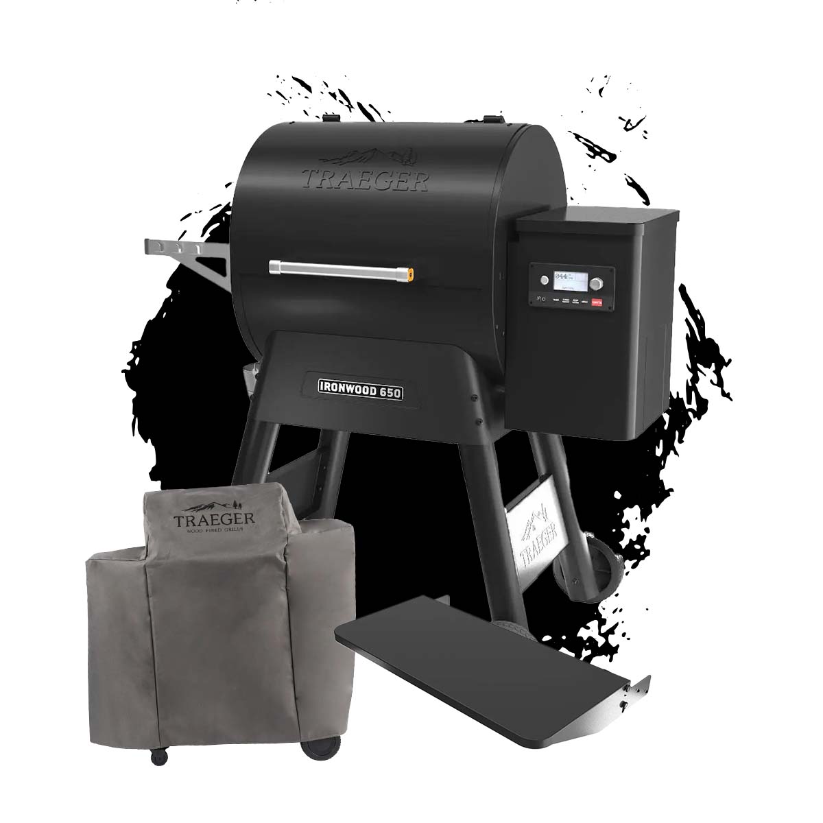 Traeger Pelletgrill Ironwood 650, Schwarz inkl. Abdeckhaube und Frontablage