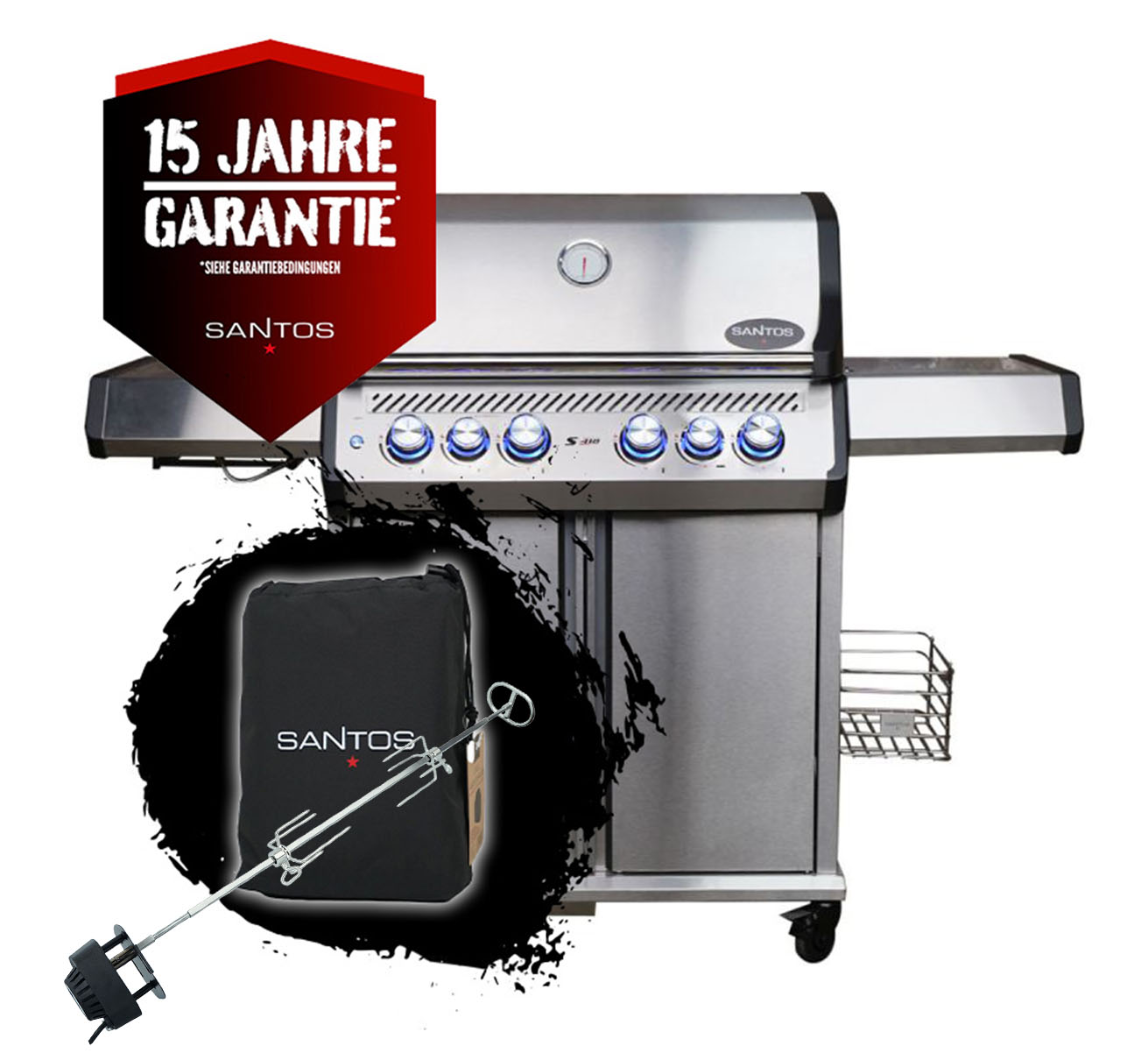 SANTOS S-418 Pro Edelstahl | Seiten- & Heckbrenner inkl. Abdeckhaube & Drehspieß | TST SANTOS S-418 Pro Edelstahl | Seiten- & Heckbrenner inkl. Abdeckhaube & Drehspieß | TST